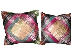 Silk Cushion Covers-2 Navy Blue Pink Vintage Sari Zari Borders Brocade Pillow Cover 16"