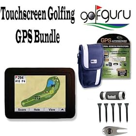 GPS Golf Guru 4 Touchscreen Golfing GPS Unit Plus Bushnell 5x20 Golf Scope Rangefinder and Screen Protectors with case