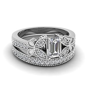 Fascinating Diamonds Superior Pave 0.90 Ct Emerald Cut Diamond Butterfly Wedding Rings Set W Milgrain GIA