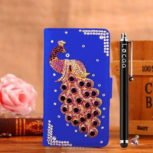 Locaa(TM) HTC Desire 620 HTC620 3D Bling Peacock Case + Phone stylus + Anti-dust ear plug Deluxe Luxury Crystal Pearl Diamond Rhinestone eye-catching Beautiful Leather Retro Support bumper Cover Card Holder Wallet Cases [Peacock Series] Blue case - Purple peacock