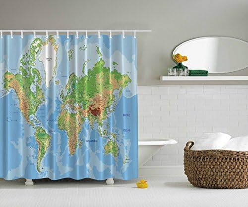 New World Globe Map Design Digital Graphic Technology Photo Print Shower Curtain Set Non Vinyl Bath Tub Liner Waterproof Fabric Mildew Resistant Material Ring Hooks Included Nautical Maritime Seafaring Theme
