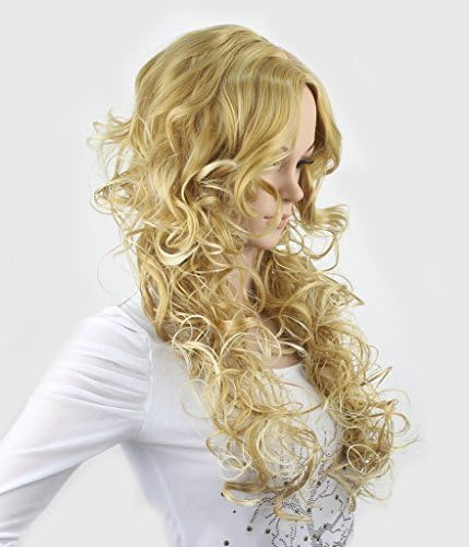 WY Blue Sky Girl Women 24inch Golden Creamy White Mixed Long Full Loose Big Curly Wave Layered Medium Flowing Centre Parting Synthetic Cosplay Wig Party Wig as Real Hair Sexy + Free Wig Cap
