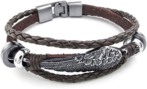 Mygoodie Jewelry Mens Womens Genuine Leather Bracelet, Angel Wing Braided Cuff Bangle, Brown Silver