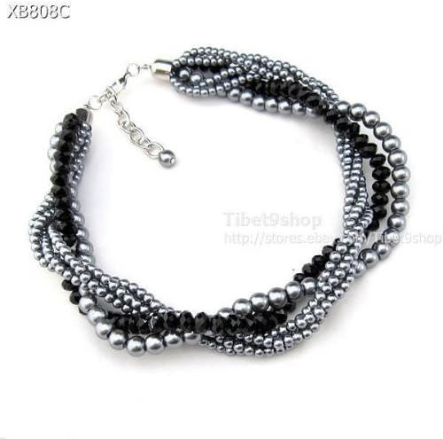 New Fashion XB808 1pc Mixed White Purple Black Fine Glass Crystal Venetian Pearl Necklace (Black)