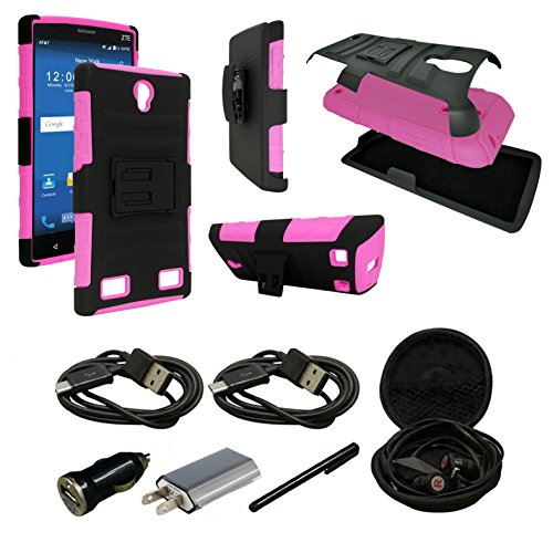 ZTE Grand X3 Case, Mstechcorp, Dual Layer Heavy Duty Shockproof Hybrid Armor Drop Protection Belt Clip Holster Built-in Kickstand Case For ZTE Grand X3 Phone - With Accessories (Pink)