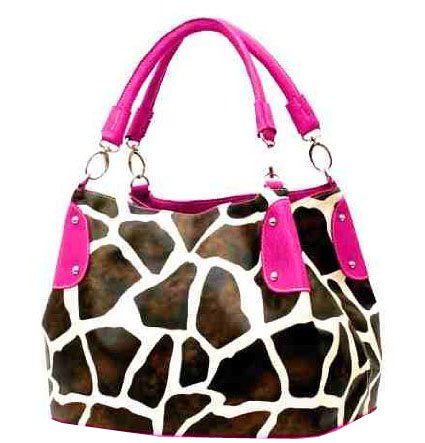 Fuschia Vicky Giraffe Print Faux Leather Satchel Bag Hand Shoulder Tote Bag Animal Purse