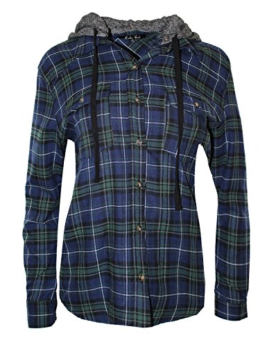 Ladies' Code Long Sleeve Flannel Plaid Button Down Shirt w/ Detachable Hoodie
