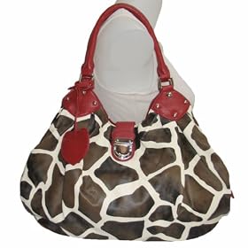 Large Red Trim Giraffe Print Mahina Tote Hobo Handbag