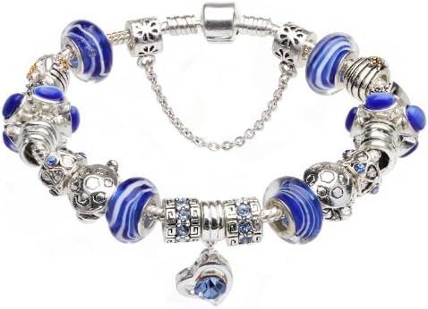Blue Glass Beads Cosmos Charm Silver Bracelet Jewelry (7.1 Inches)