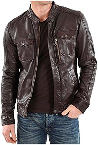 FarihaLeather Men's Lambskin Leather Bomber Biker Jacket-MJ460 L Black