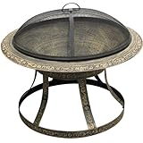 CobraCo FB8010 Embossed Brick Cast Iron Fire Bowl with Screen and Cover