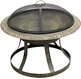 CobraCo FB8010 Embossed Brick Cast Iron Fire Bowl with Screen and Cover