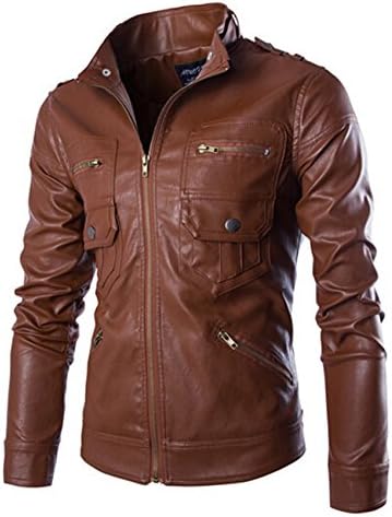 HEBEW Men's Stand Collar Color Hit Button PU Lether Jacket Coat(LULO2)-Small Brown