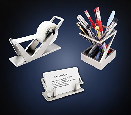 ArtsOnDesk Modern Art Desk Accessory 3-pc Set St2 Stainless Steel Satin Finish Patented Business Card Holder Tape Dispenser Pen Holder Pencil Holder Luxury Office Organizer Desktop Holiday Gift