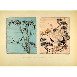 1883 Chromotypograph Fukusa Bamboo Crane Pine Tree Ceremonial Sheet Japan Gillot - Original Chromotypograph