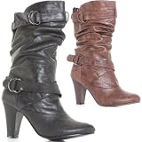 Womens Ladies Black Brown Slouch Low Heel Wide Leg Calf Boots Size 3-8