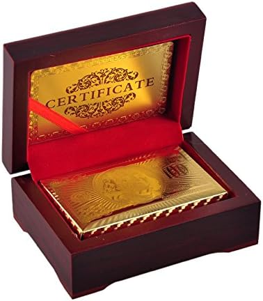 Waterproof Luxury 24K Gold Foil Plated Playing Cards 100 Dollar Playing Cards With Wooden Box gift set