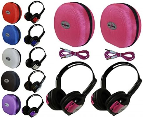 2 Pack Kid Sized Wireless Infrared Universal Car DVD IR Automotive Colored Adjustable 2 Channel Headphones With Case and 3.5mm Auxiliary Cord