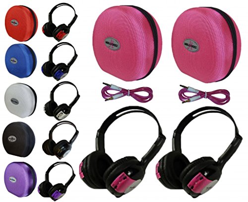2 Pack Kid Sized Wireless Infrared Universal Car DVD IR Automotive Colored Adjustable 2 Channel Headphones With Case and 3.5mm Auxiliary Cord