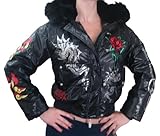 IMAGE OF New 2010 Ed Hardy By Christian Audigier Women's Down Fur Tiger Dragon Studded Embroidery Puffer Jacket, EHJW-6021 (XL, Black)