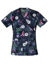 Apparel: Cherokee 2988C Womens Flexibles Cotton Mock Wrap Print Scrub Top Ribbons and Flowers X-Small - Cherokee