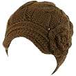 Hand Knit Winter Cable Crochet Flower Visor Beanie Skull Ski Snow Cap Hat Brown