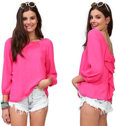 Pooqdo Newest 1pc Fashion Women Lady Girl Chiffon Long Sleeve Sexy Loose Tops Blouse T-shirt (L, Hot Pink)