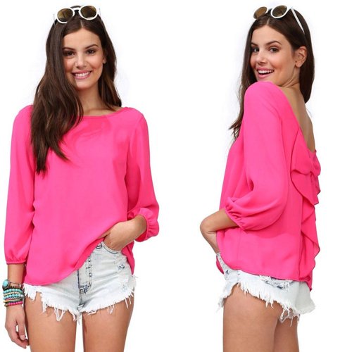 Pooqdo Newest 1pc Fashion Women Lady Girl Chiffon Long Sleeve Sexy Loose Tops Blouse T-shirt (L, Hot Pink)