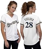 MLB Women's Milwaukee Brewers Prince Fielder White Home Short Sleeve 5 Button Synthetic Replica Baseball Jersey Spring 2012  (White, Large)