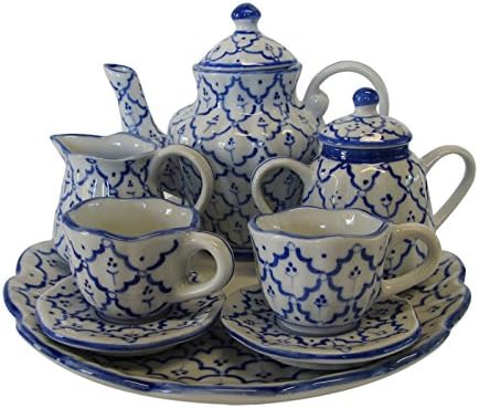 Blue and White Children's Ceramic Tea Set with Scalloped Tray