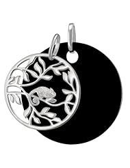 VINANI brand Germany 925 Sterling Silver Pendant Chameleon in Tree matte shiny with Disc Onyx repro 45 mm (1.77") APE-EZ