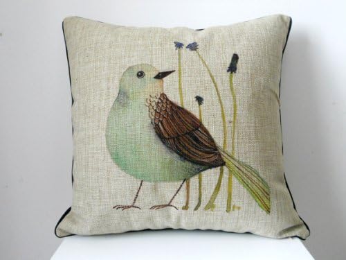 Decorbox Cotton Linen Square Throw Pillow Case Decorative Cushion Cover Pillowcase with Black Border Watercolor Green Bird 18 "X18 "