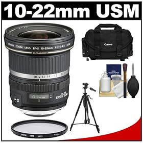 Canon EF-S 10-22mm f/3.5-4.5 USM Ultra Wide Angle Zoom Lens with Canon Case + Hoya UV Filter + Tripod + Cleaning Kit for EOS 60D, 7D, Rebel T3, T3i, T4i Digital SLR Cameras