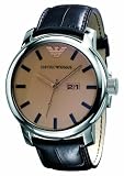 Emporio Armani oversize gents watch with amber dial, brown strap and double date box