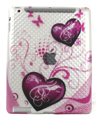 Purple Hearts with Pink Butterfly Apple Ipad 2 Tablet Soft Gel Skin Diamond Case Cover 16GB 32GB 64GB WIFI + Precut LCD Screen Protector Guard / Film + FREE TOTE BAG