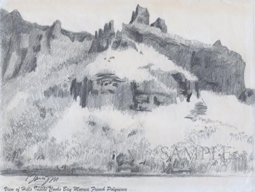 Tahiti - Pencil Drawing - Giclee Print of Original plein air pencil drawing - View of Hills from Cooks Bay, Moorea, French Polynesia
