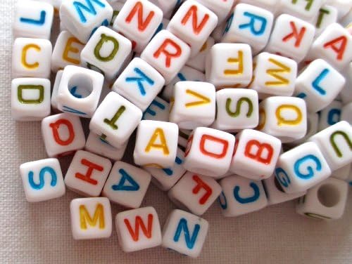 Mixed Colorful White Alphabet /Letter "A-z" Acrylic Cube Beads 6x6mm, 100 Pieces (B001)