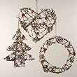 Club Pack of 12 Woodland Rattan Ring, Heart and Wreath Christmas Ornaments