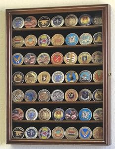 Military Challenge Coin Display Case Cabinet Holder Wall Rack w/ UV Protection -Walnut