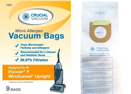 Hoover WindTunnel Type Y 9 Pack Vacuum Bags - Allergen filtration with Closure - Compare With Hoover Part # 4010100Y