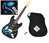 Produkt-Bild: E-Gitarre Skull Totenkopf Motiv mit 3 Single Coils Pickup mit Tremolo, E-Gitarrentasche und Satz Ersatzsaiten