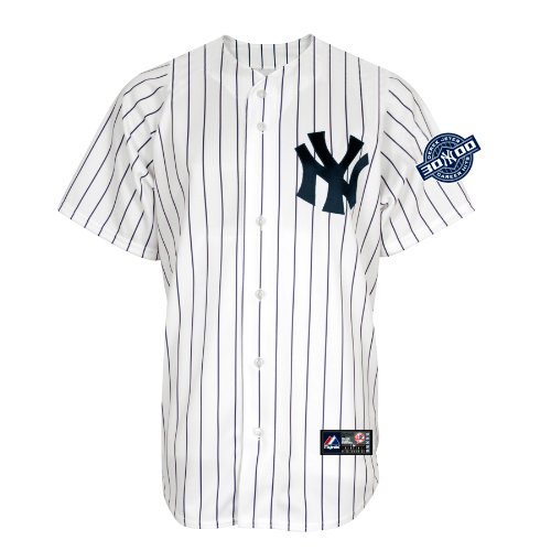 MLB Men's New York Yankees Derek Jeter Short Sleeve 6 Button Replica Home Jersey with 3,000 Hits Patch (White/Navy Pinstripes, X-Large)