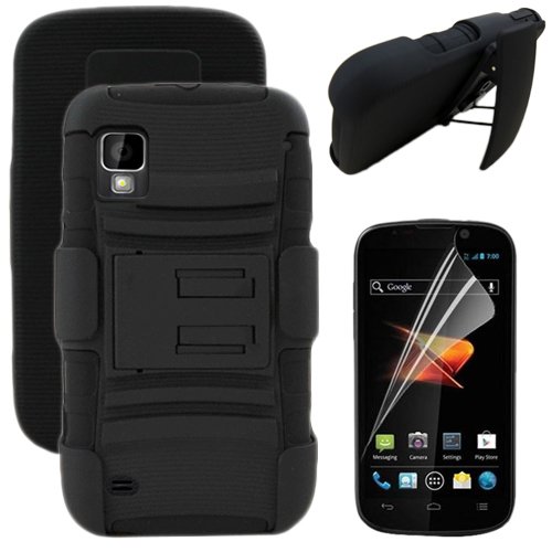 MINITURTLE(TM) Rugged Hybrid Dual Layer Protective Phone Armor Case Cover with Built in Kickstand, Swiveling Carrying Belt Holster Clip, and Clear Screen Protector Film for Android Smartphone ZTE Warp N860 /Boost Mobile (Black)