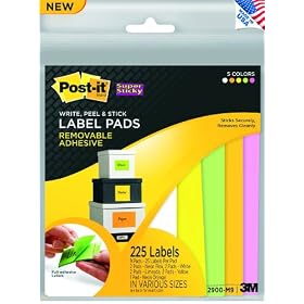 Post-it Super Sticky Removable Label Pads, Assorted Neon Colors and Sizes, 9 Pads, 225 Labels per Pack (2900-M9)