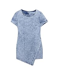 Denim Round Neck Asymmetric Jeweled Short Sleeves Mini Dress 