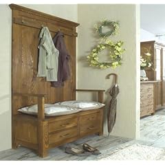Garderobe, Garderobenschrank mit Sitzbank / Truhe, 200x100x43 - Massiv Holz Kiefer - Alt wei�