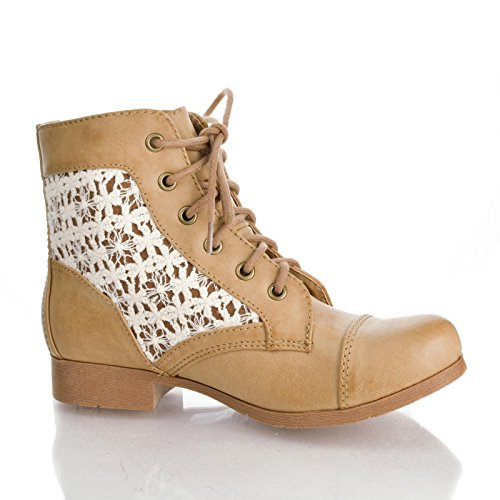 Round Toe Crochet Lace Up Low Heel Combat Ankle Booties