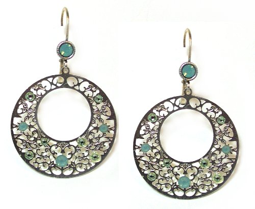 Liz Palacios Sterling Silver Plated Laser Cut Ultra-Thin Filigree Dangle Earrings With Pacific Opal Swarovski Crystals