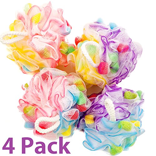 Bath Blossom Large Shower Sponge Pouf (4 Pack) - Bath Loofah Luffa - Great for Body Wash, Back and Body Scrubber - Exfoliate, Cleanse and Soothe Skin - Great Quality for Men and Women