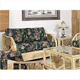 Cancun Palm Upholstered Rattan Loveseat in Natural Finish Fabric: Patriot Birch